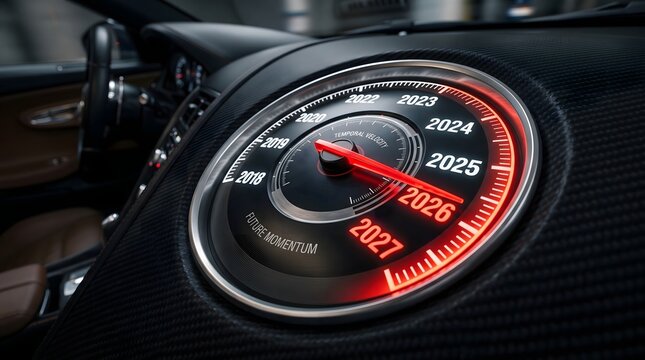 Dashboard speedometer shows the rapid progression of upcoming years as a metaphor for accelerating future momentum.