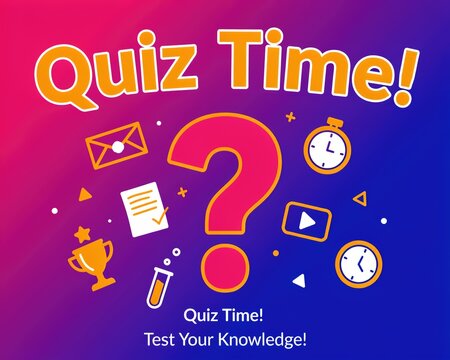 Quiz time with large question mark, icons, and vibrant gradient background