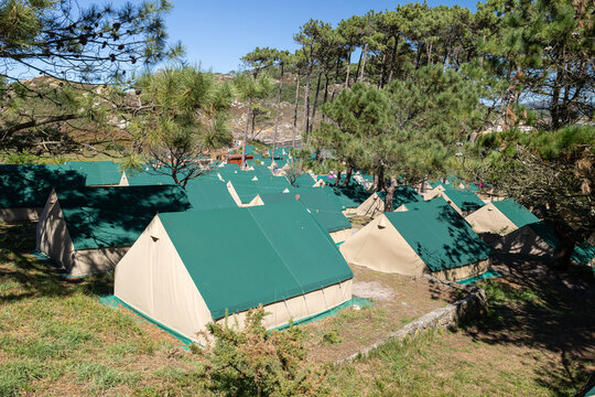 view of glamping tents at cies islands natural park in galicia spain