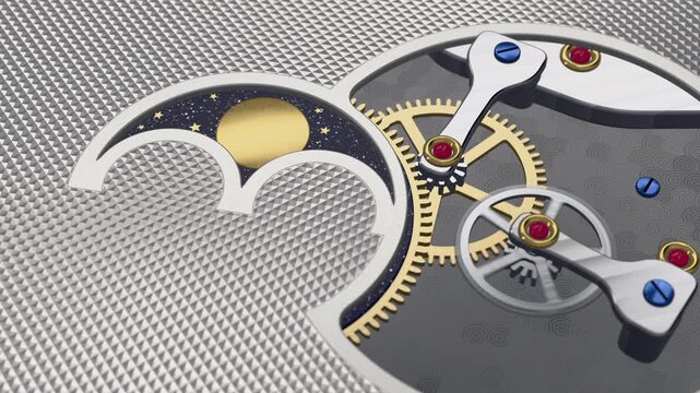 Moon Phase Watch Complication Macro, Gold Moon Crossing a Blue Aventurine Sky beside Turning Gears, Seamless Loop 4K