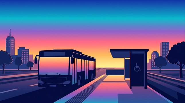 Neon illustration of bus stop on city street, public transportation technology concept design.