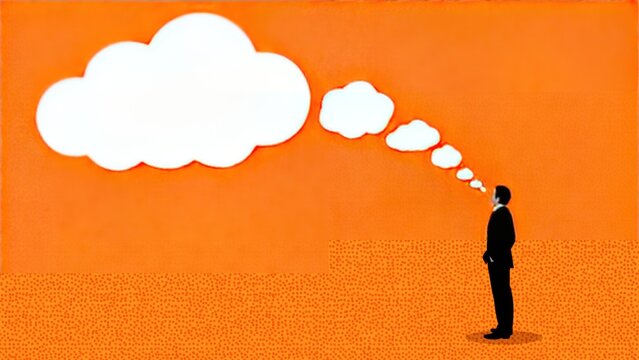 Silhouette of a businessman standing against an orange background, with white thought bubbles