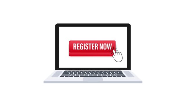 Register now button clicking on laptop screen animation