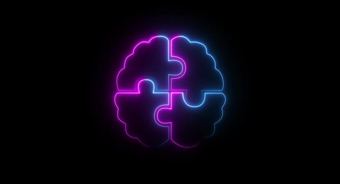 Glowing neon brain puzzle icon isolated on black background representing problem solving and cognitive function. motion graphics of puzzle icon