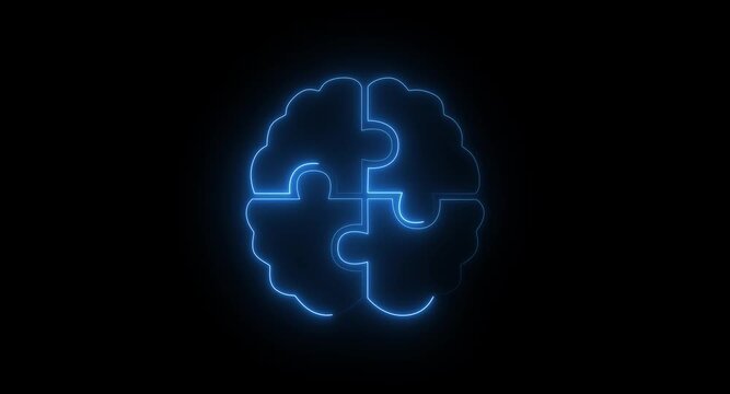 Glowing neon brain puzzle icon isolated on black background representing problem solving and cognitive function. motion graphics of puzzle icon