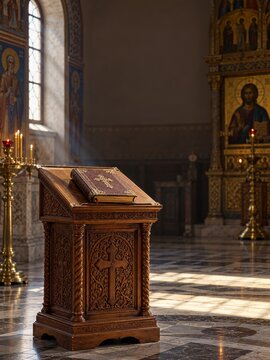 Carved Wooden Lectern with a Closed Gospel in a Warm Church Interior