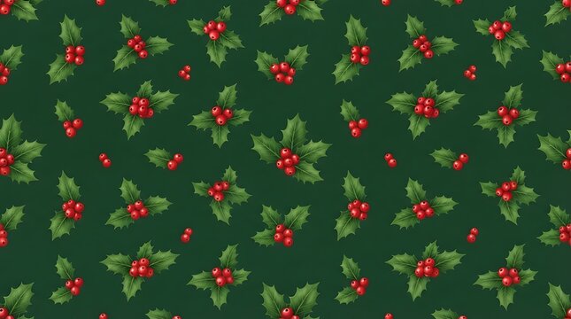 Christmas seamless pattern with vibrant holly leaves and red berries on green background.