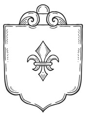 A black and white drawing of a shield with a fleur de lis on it © ONYXprj