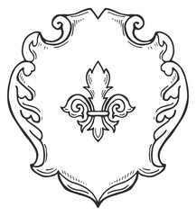 A black and white drawing of a shield with a fleur de lis on it © ONYXprj