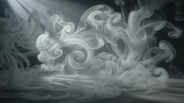 Dynamic white smoke bursts and swirls dramatically under spotlight in a dark room