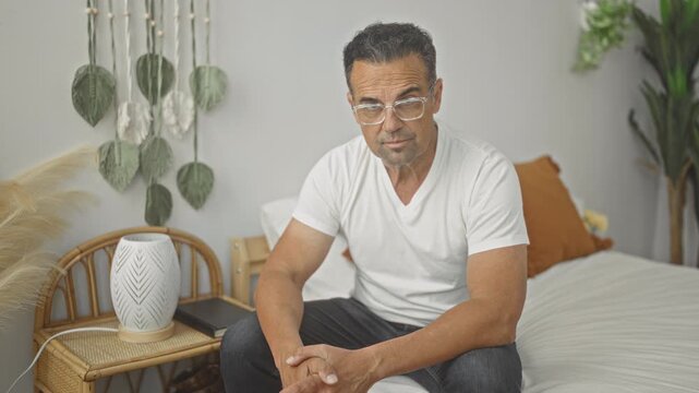 Man sitting on bed with clasped hands and glasses in a building bedroom beside a nightstand lamp and macrame wallhanging; thoughtful reflection.