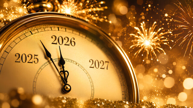 Golden Pocket Watch Clock Striking Midnight Showing Years 2025 2026 2027 with Bright Fireworks and Golden Sparkles Celebration Background for New Year Eve Party