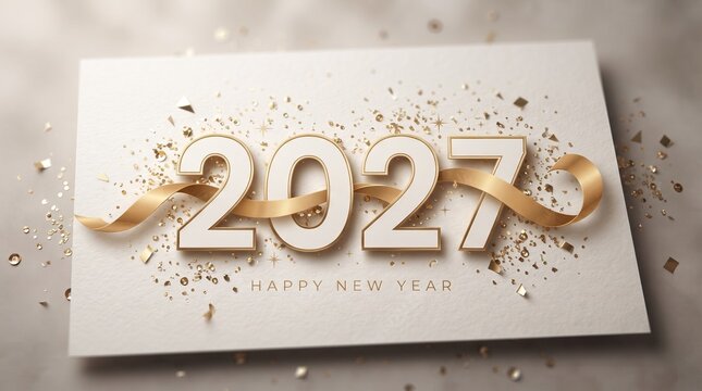 Elegant 2027 New Year's greeting card with gold ribbon and confetti, celebrating the upcoming year with sophisticated typography and a soft, luminous background, conveying a sense of luxury and