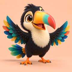 Fototapeta premium Colorful toucan bird with vivid feather, open wing, and cheerful expression on peach background