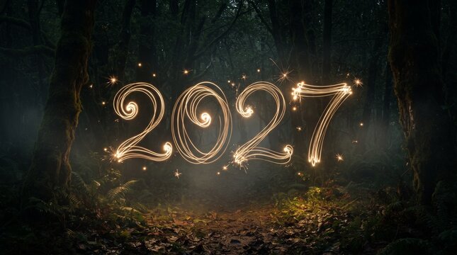 Ethereal 2027 year text glowing with warm, golden light and sparkling particles, set against a dark, mysterious forest background with soft bokeh and diffused light.