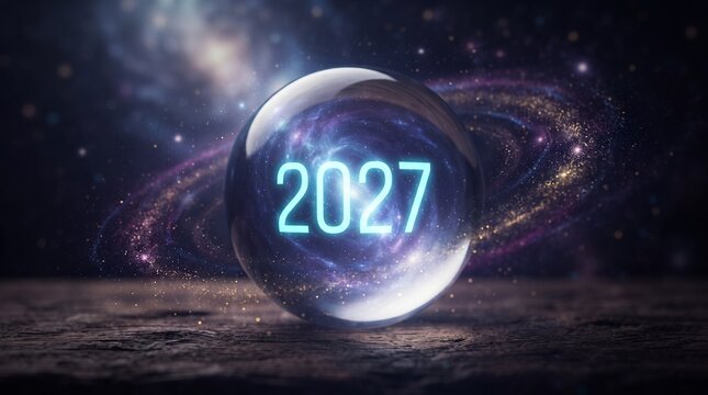 Crystal ball showing 2027 superimposed on a cosmic nebula, with swirling galaxies and starry background, evoking themes of future, prophecy, and the universe's mysteries.
