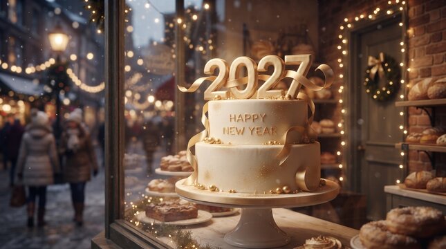 A festive two-tier New Year 2027 cake displayed in a bakery shop window, illuminated by warm string lights, with a blurry winter city street scene and pedestrians walking in the background at