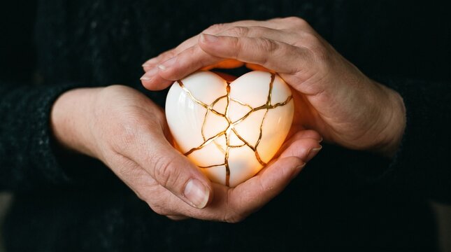 Hands holding porcelain heart repaired with gold kintsugi, emotional healing and resilience