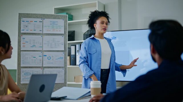 Group of creative Businesspeople brain storm meeting presentation,discussing roadmap to product launch, planning,strategy,dashboard,new business development,working with new startup project in office