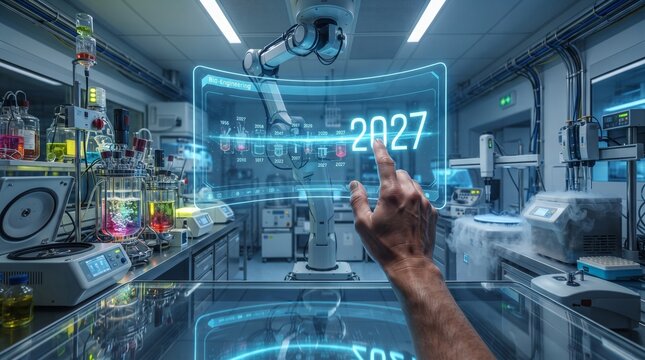 A futuristic laboratory scene with a robotic arm and a human hand interacting with a glowing digital augmented reality interface displaying the year 2027 in a high-tech science research environment.