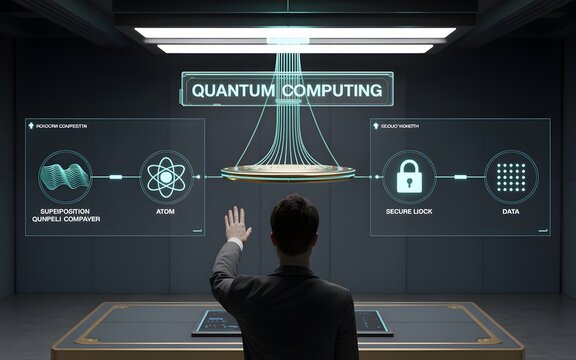 Futuristic quantum computing technology concept with holographic interface and secure digital data visualization