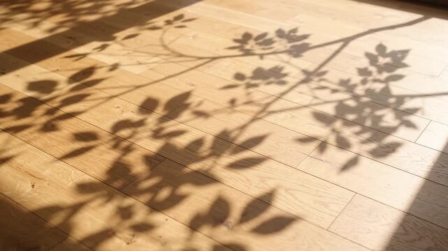 Sunlight casts moving shadows of leaves and branches on a bright wooden floor