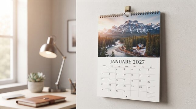 A wall-mounted 2021 calendar showing a beautiful mountain landscape, hanging on a bright home office wall near a desk lamp, indoor plant, and notebook, creating a clean, organized workspace