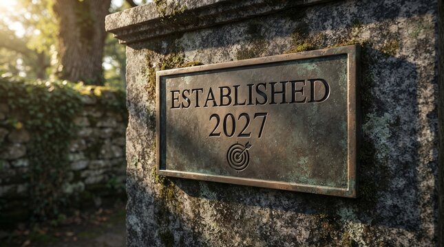 A vintage-style metal sign reading ESTABLISHED 2027 mounted on a weathered, moss-covered stone pillar in a sun-drenched outdoor garden setting with soft evening lighting.