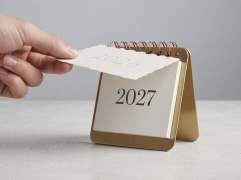 A hand turns the page of a desk calendar revealing the year 2027, symbolizing the passage of time and the anticipation of the future.