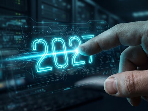 A conceptual image depicting a hand interacting with a glowing holographic digital interface showing the year 2027 against a blurred background of server racks in a data center environment.