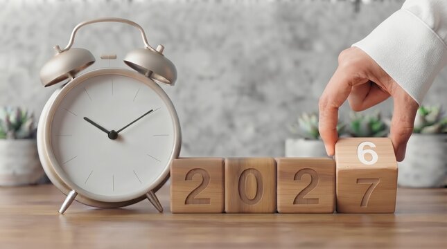 A hand placing a wooden block with the number 6 to complete the year 2026, next to an alarm clock on a wooden table, representing time passing and future planning, new year concept.