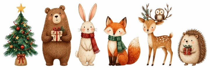 Naklejka na ściany i meble Festive woodland animals Christmas illustration