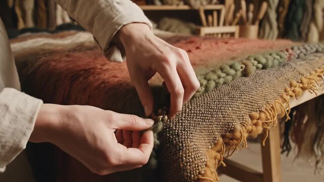 Artisan hands working on a textured handmade wool textile in a traditional workshop.