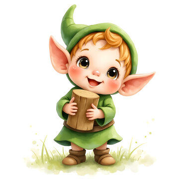 Fantasy elf child holding wooden log in green costume, smiling on grassy ground