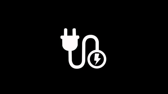 Power charge icon with electric plug and lightning bolt animation on black background. Lightning bolt electric plug animation for charging supply, energy, power and technology concepts