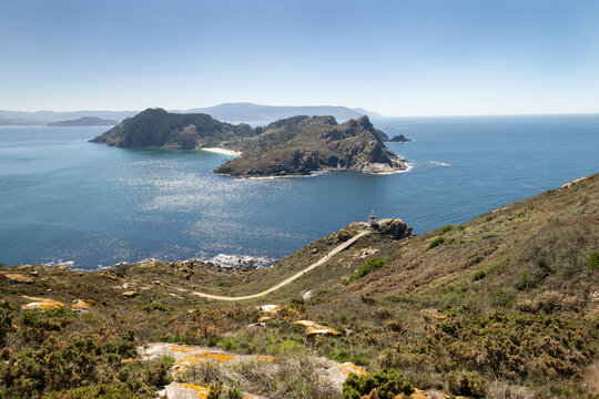 panoramic view of south island and porta lighthouse at cies islands natural park in galicia spain