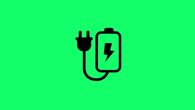 Battery charging icon with electric plug and lightning bolt animation on green background. Battery charging plug icon animation for charging supply, connection, energy, power and technology concepts