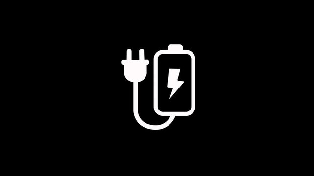 Battery charging icon with electric plug and lightning bolt animation on black background. Battery charging plug icon animation for charging supply, connection, energy, power and technology concepts