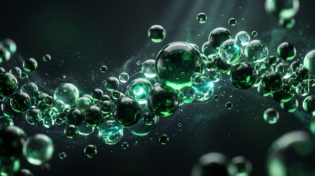 Green bubbles floating in dark liquid with dramatic lighting and abstract composition