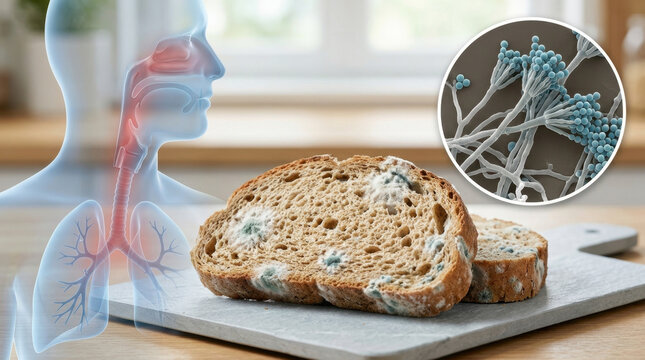 Bread mold growth with fungal spores and respiratory anatomy overlay