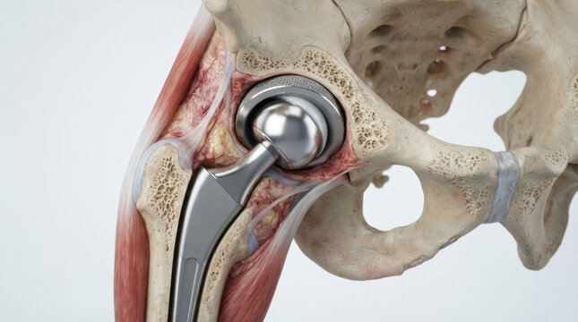 Artificial hip replacement metallic implant hip joint pelvis femur bone cartilage anatomy orthopedic surgery medical illustration