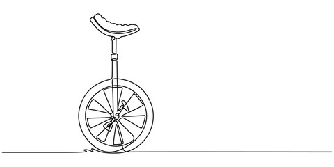 transparent background, classic sport unicycle continuous one line drawing, Single rolling tire wheel, central metal fork pillar, pedals, and leather seat saddle, ergonomic saddle seat for acrobatic  © SREESADHIN