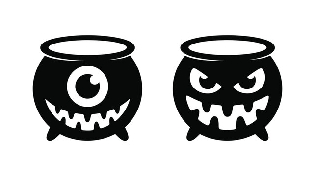 Two black cauldron with spooky monster faces isolated on a white background, featuring a cyclops eye and an angry expression for halloween