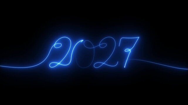 Year 2027 script calligraphy drawn with continuous blue neon line, displaying new year digits on dark minimalist motion graphics of black background..