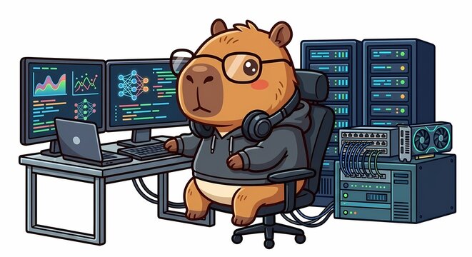Serious cartoon capybara machine learning engineer working at computer with server racks, technology illustration isolated on white background