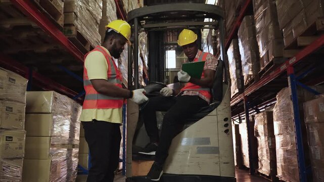Professional African American warehouse worker and forklift driver wearing yellow helmet, standing, using walkie-talkie and clipboard, talking while taking inventory in logistics distribution center. 