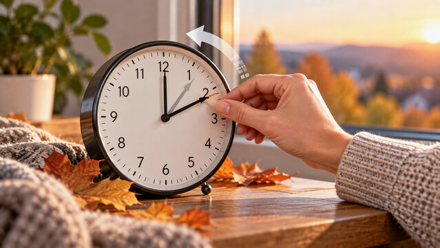 Adjusting clock hands back one hour for autumn daylight saving time change