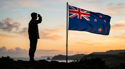 Fototapeta premium A poignant silhouette salutes the union jack at sunset embodying the solemn respect and enduring gratitude for the sacrifices made during times