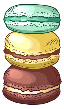 Three macarons stacked on top of each other, with one being yellow