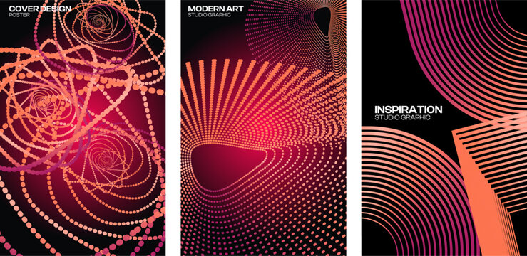 Abstract dotted neon particle cover templates set. Vector vertical poster, brochure, and banner layouts with glowing spiral lines and geometric wave elements.